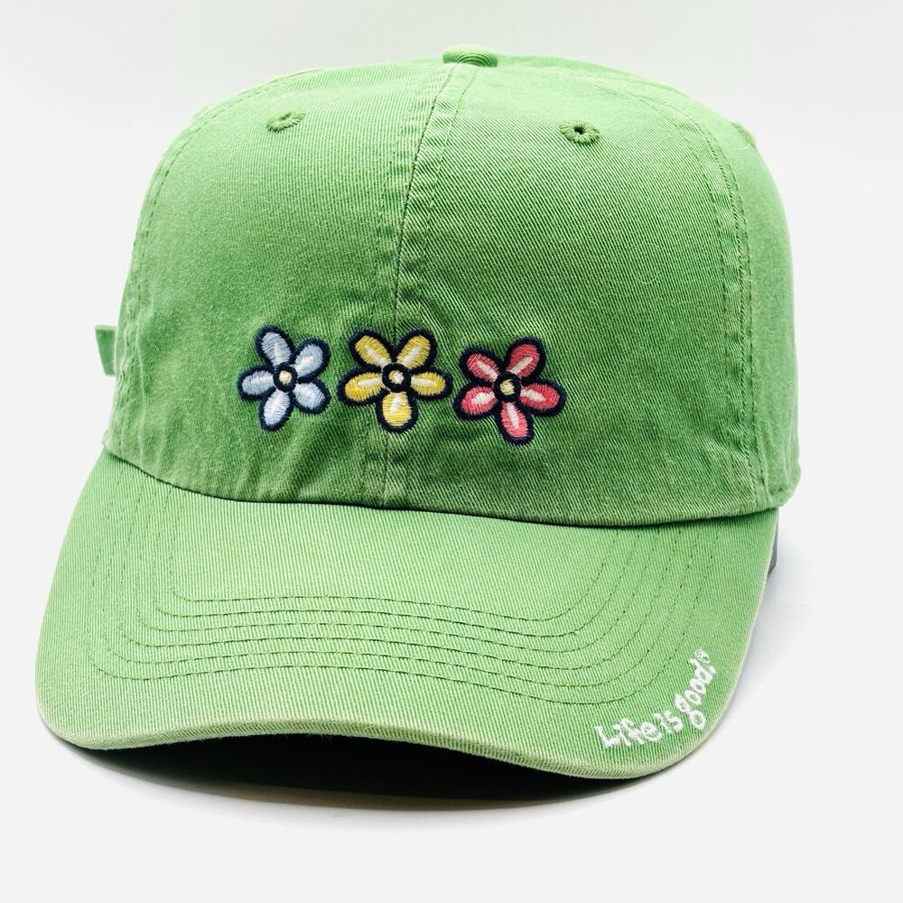 Life is Good Hat Cap Strap Back Lime Green Embroidered Flowers Baseball Womens